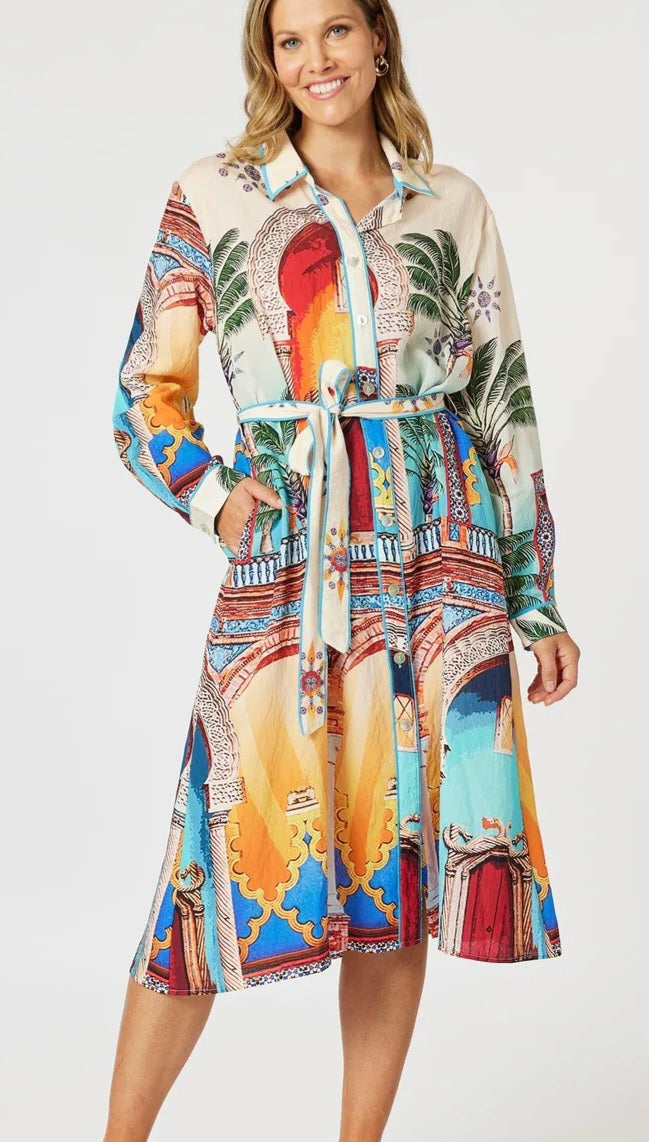 Sunset print button dress