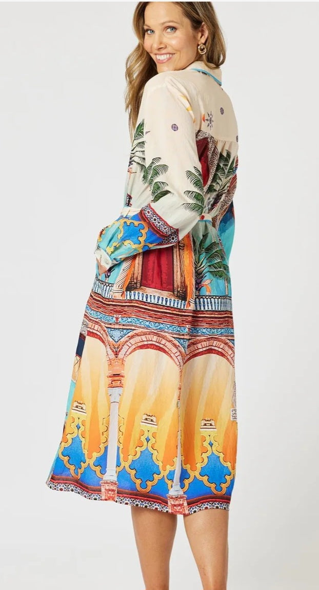 Sunset print button dress
