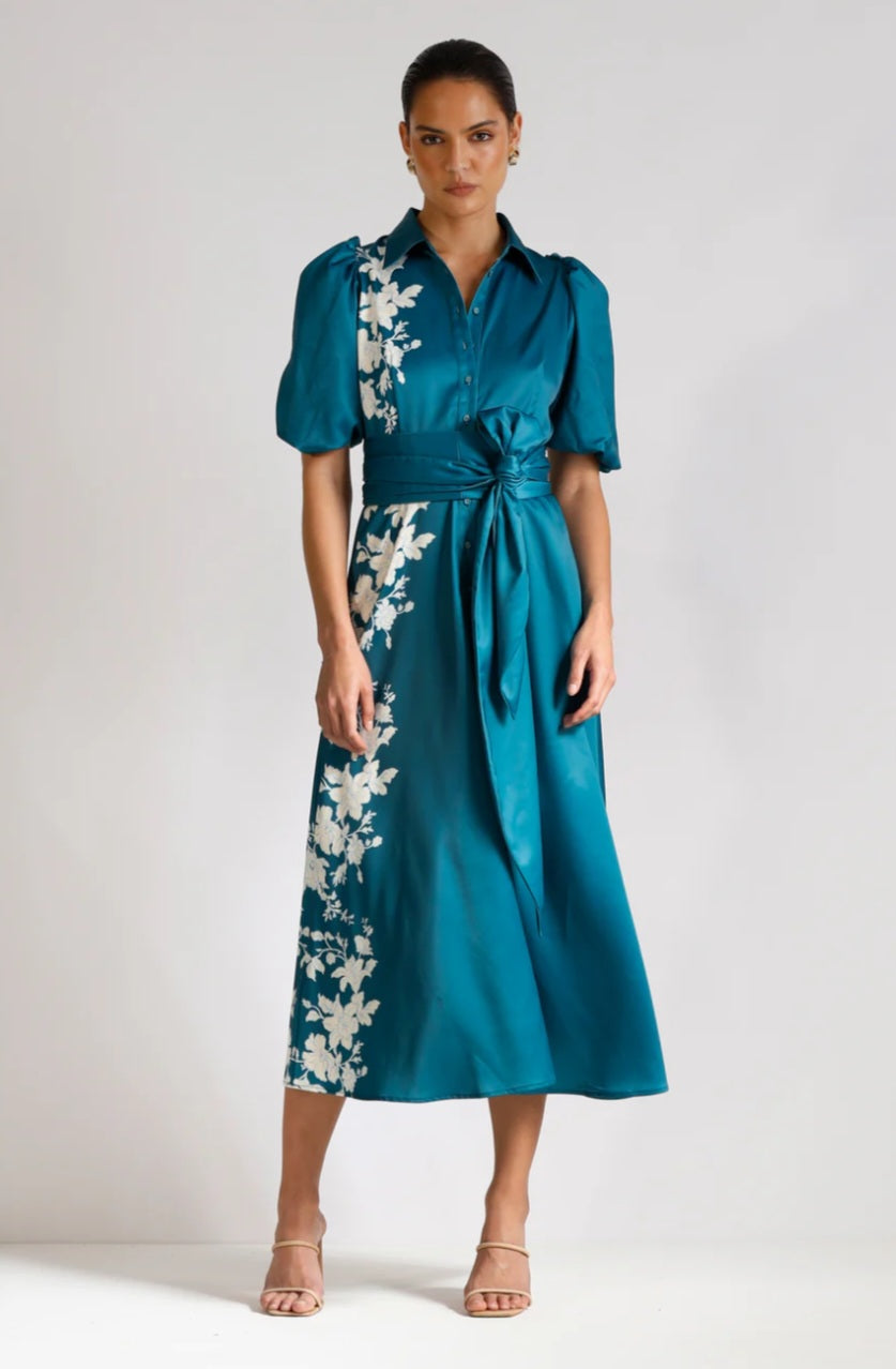 Reminiscence shirt Midi dress teal