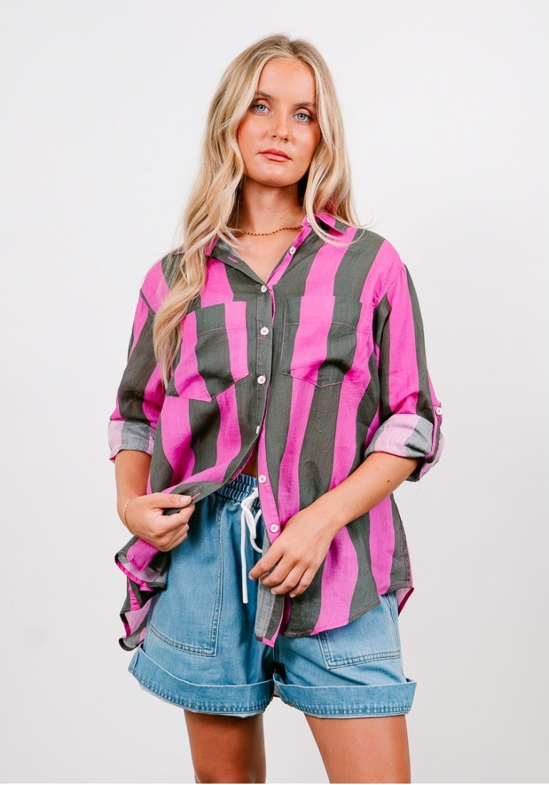 Magenta Khaki Stripe Shirt