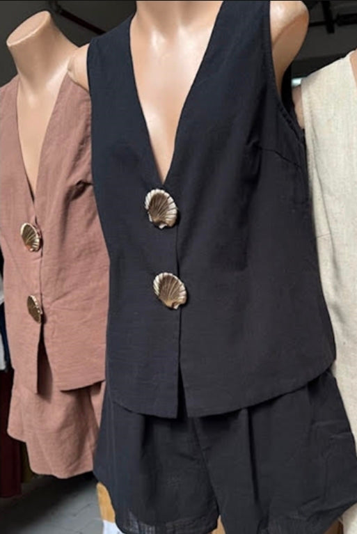 Shell Button Vest Set Brown
