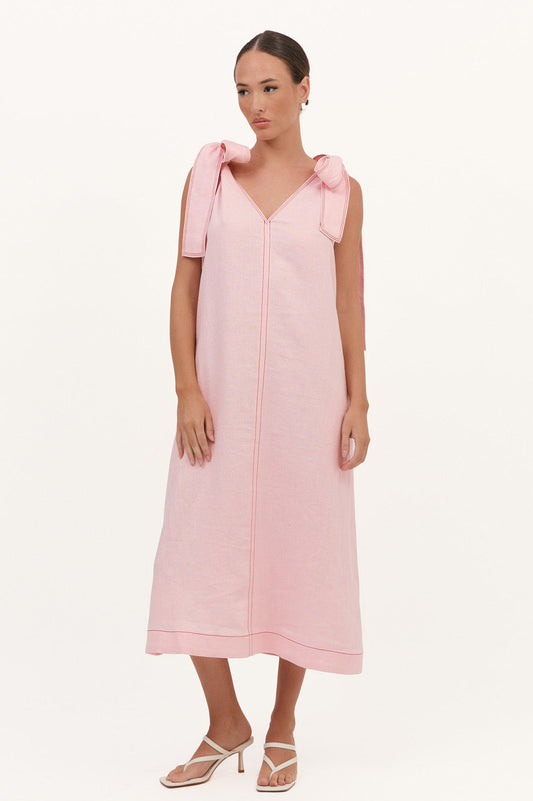 Abbie Contrast stitch linen Tie Shoulder Dress Pink