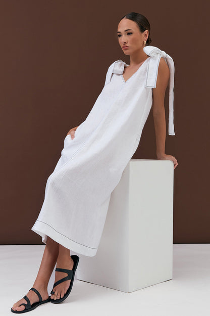 Abbie Contrast Stitch Tie Shoulder Dress White
