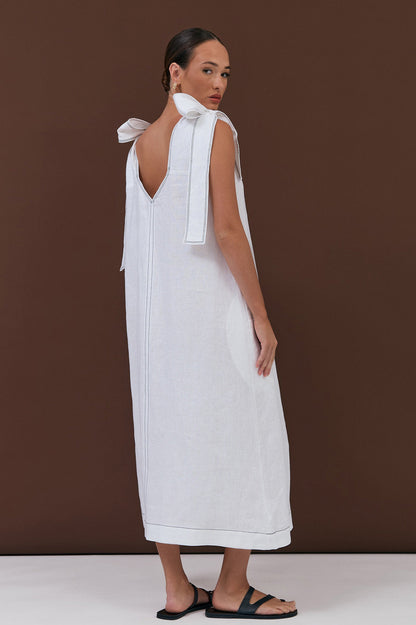 Abbie Contrast Stitch Tie Shoulder Dress White