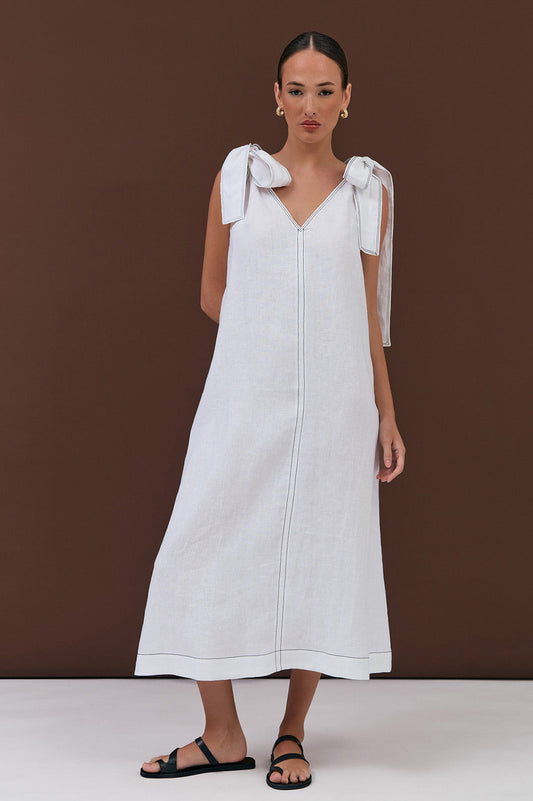 Abbie Contrast Stitch Tie Shoulder Dress White