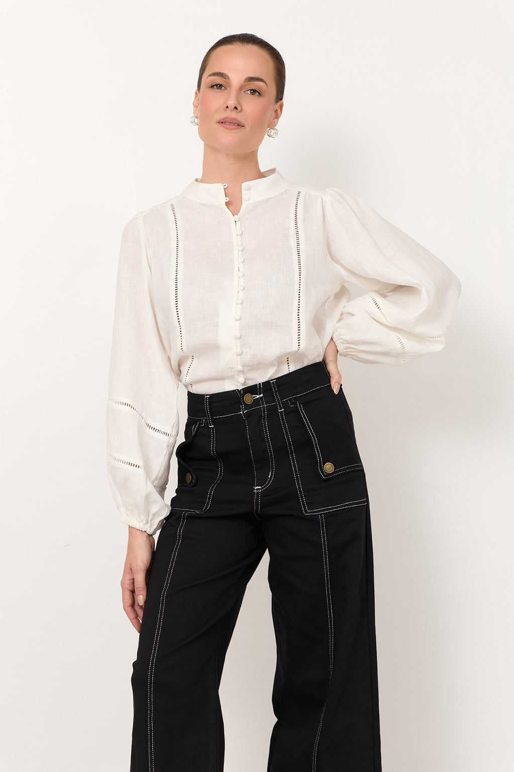 Juno Trim Detail Long Sleeve Top White
