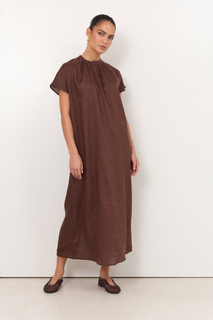 Alice Dolman Short Sleeve Linen Maxi Dress Chocolate