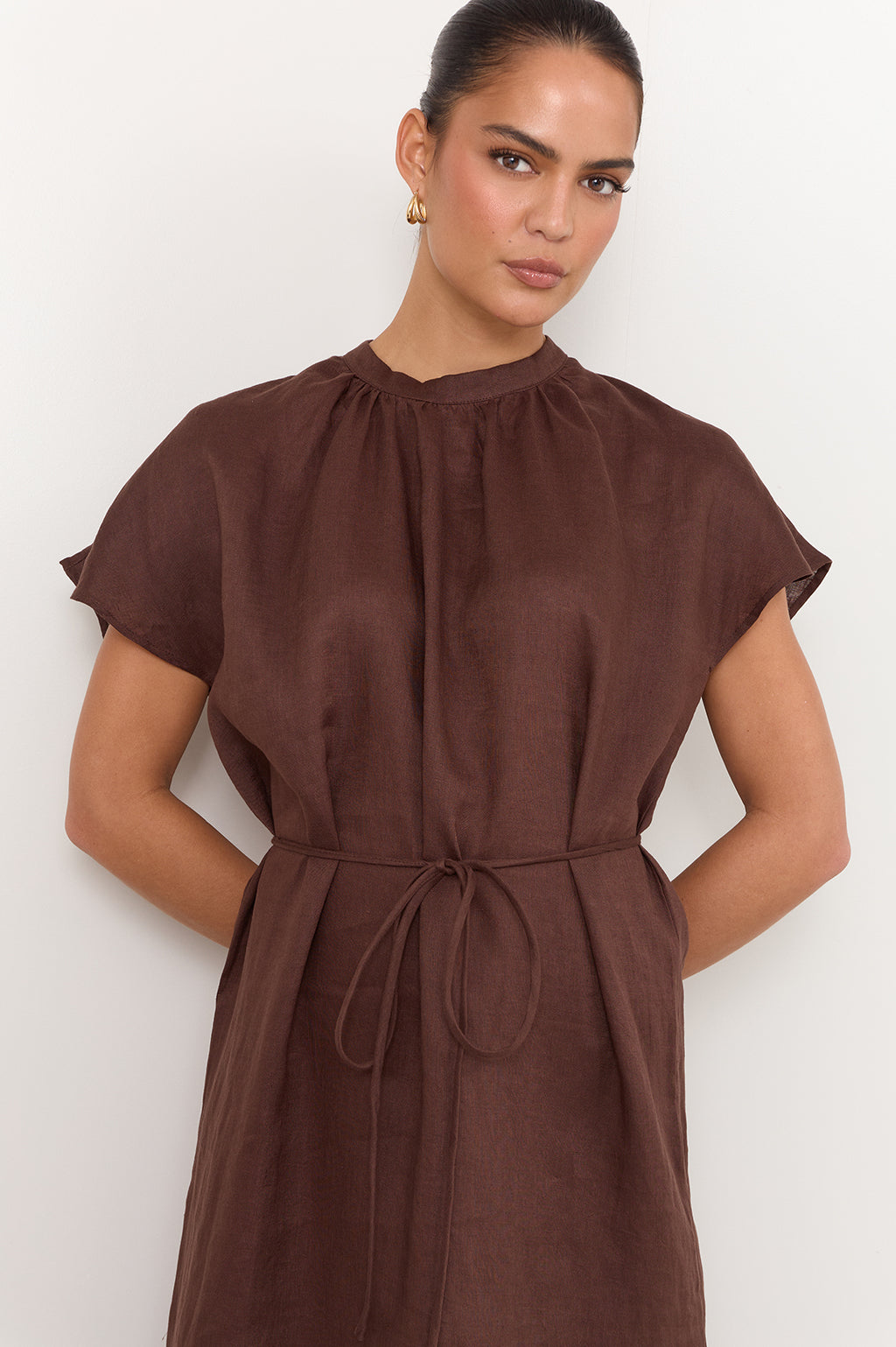 Alice Dolman Short Sleeve Linen Maxi Dress Chocolate