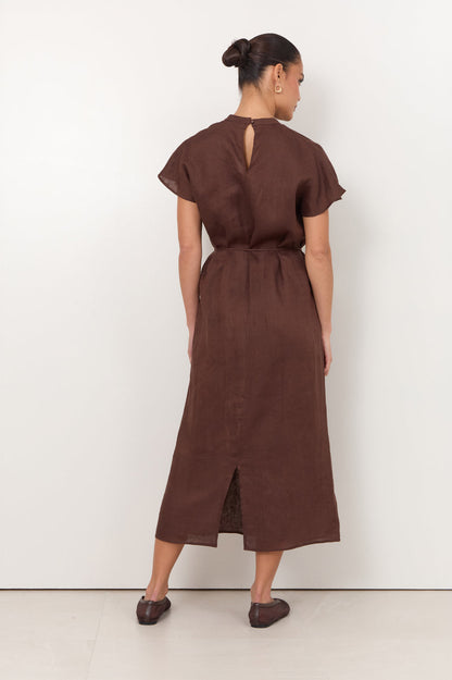 Alice Dolman Short Sleeve Linen Maxi Dress Chocolate