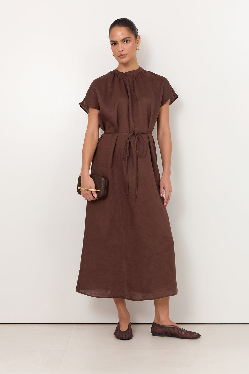 Alice Dolman Short Sleeve Linen Maxi Dress Chocolate