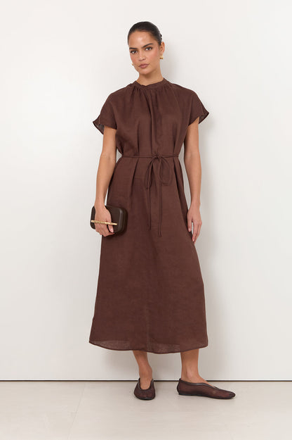 Alice Dolman Short Sleeve Linen Maxi Dress Chocolate