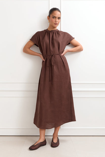 Alice Dolman Short Sleeve Linen Maxi Dress Chocolate