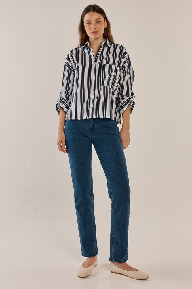 Erin Crop Shirt Navy/White Stripe