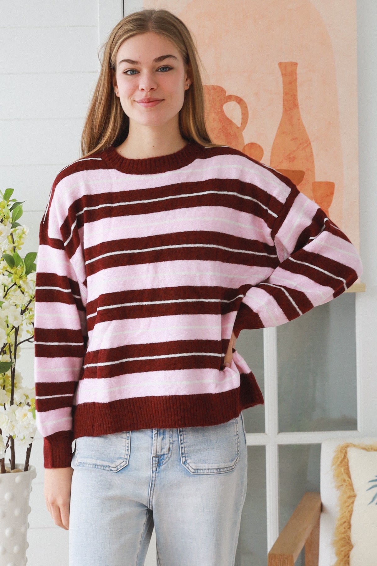 Kelly Stripe knit Wine/Pink