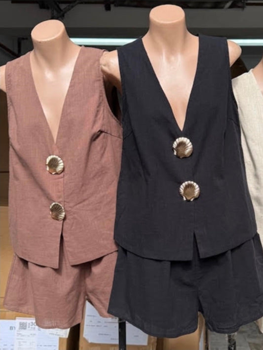 Shell Button Vest Set Black