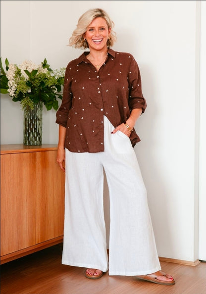 Chocolate Linen Shirt with White hearts