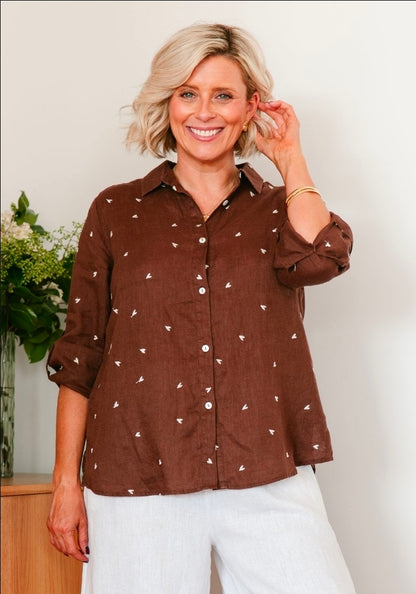 Chocolate Linen Shirt with White hearts