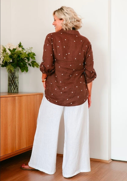 Chocolate Linen Shirt with White hearts