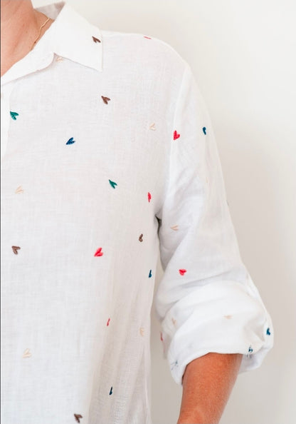 White Linen Shirt with Coloured hearts