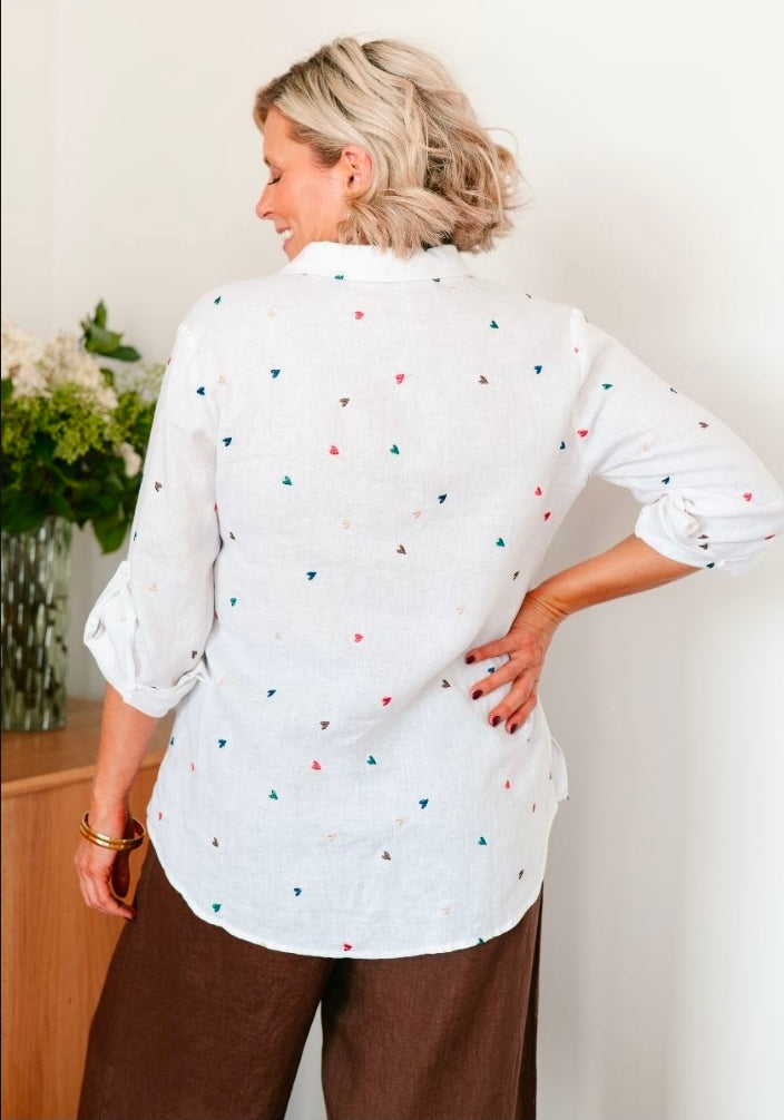 White Linen Shirt with Coloured hearts