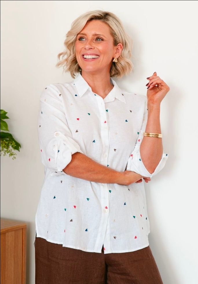 White Linen Shirt with Coloured hearts