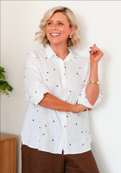 White Linen Shirt with Coloured hearts